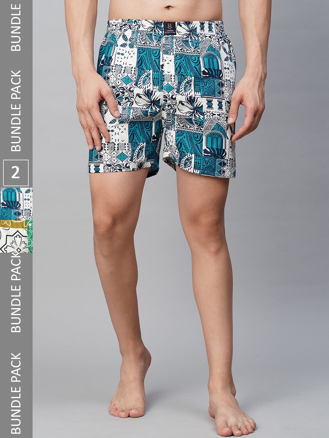 

URBAN SCOTTISH Men Pack of 2 Mid-Rise Comfort Fit Printed Pure Cotton Boxers, White