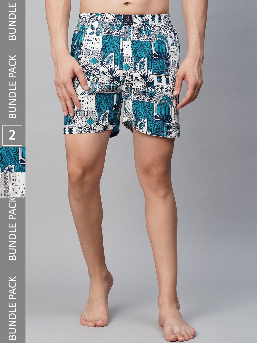 

URBAN SCOTTISH Men Pack of 2 Mid-Rise Comfort Fit Printed Pure Cotton Boxers, White