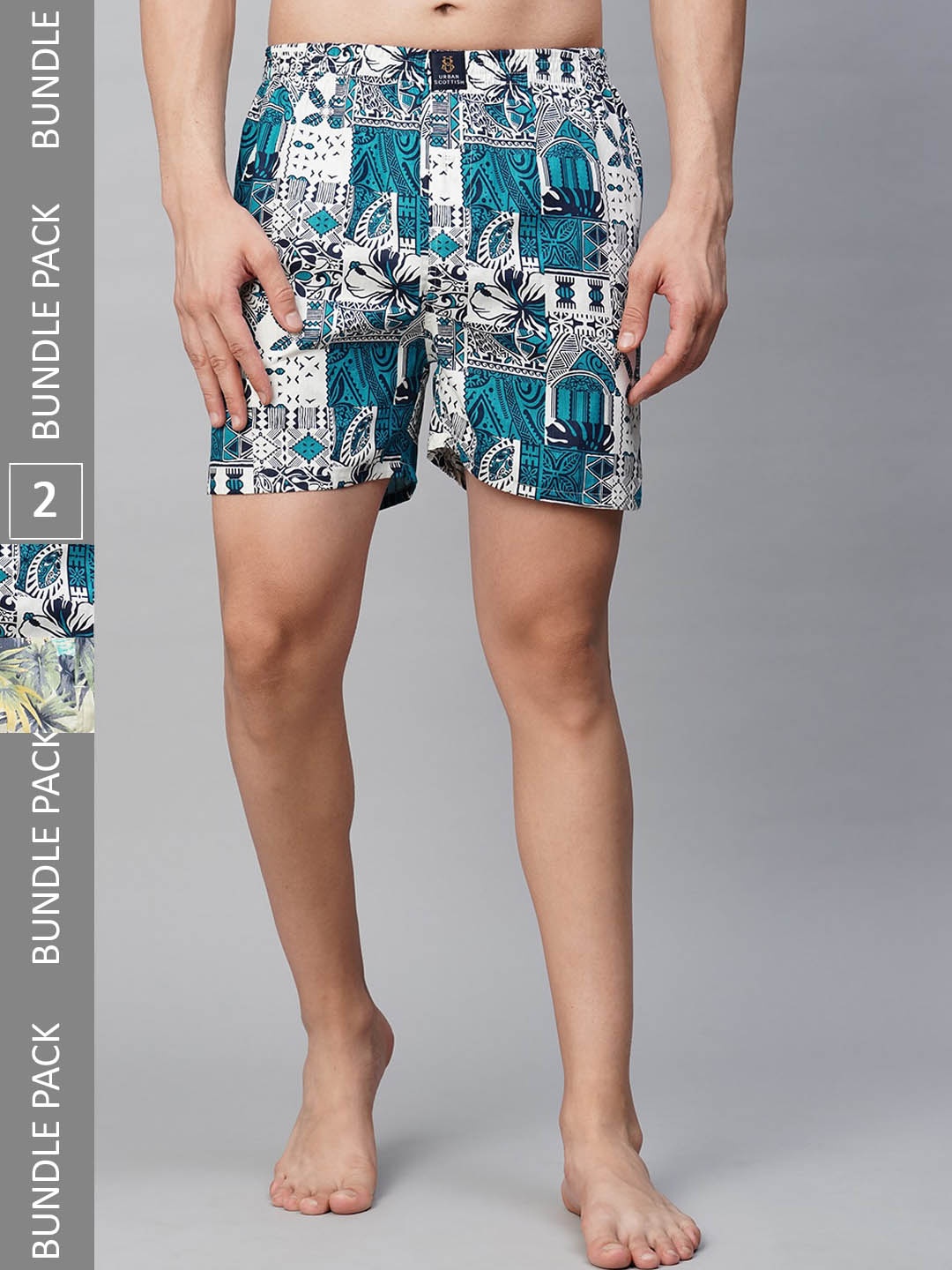 

URBAN SCOTTISH Men Pack of 2 Mid-Rise Comfort Fit Printed Pure Cotton Boxers, Blue