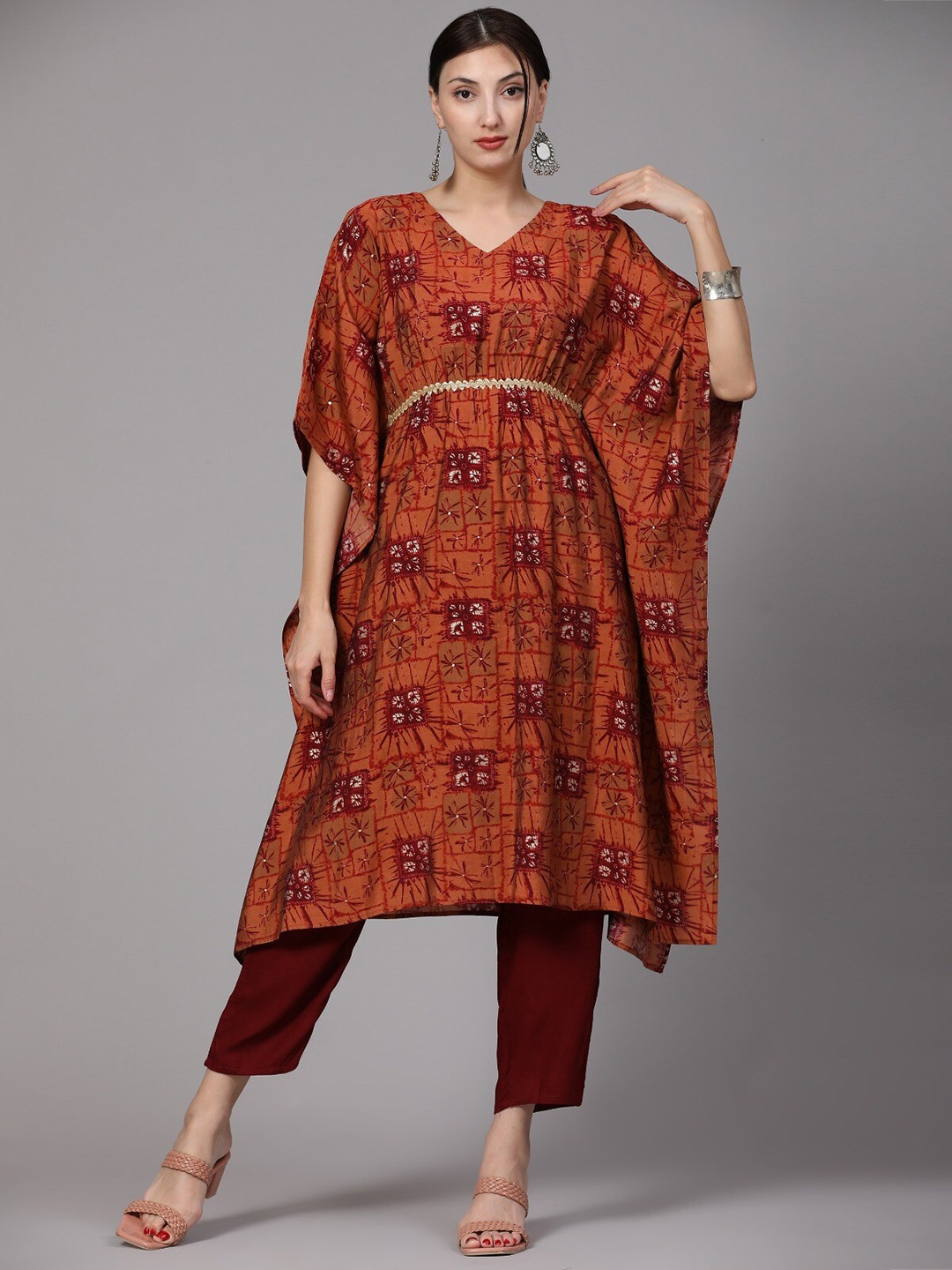 

V TRADITION Ethnic Motifs Printed Kaftan Kurta with Trousers, Orange