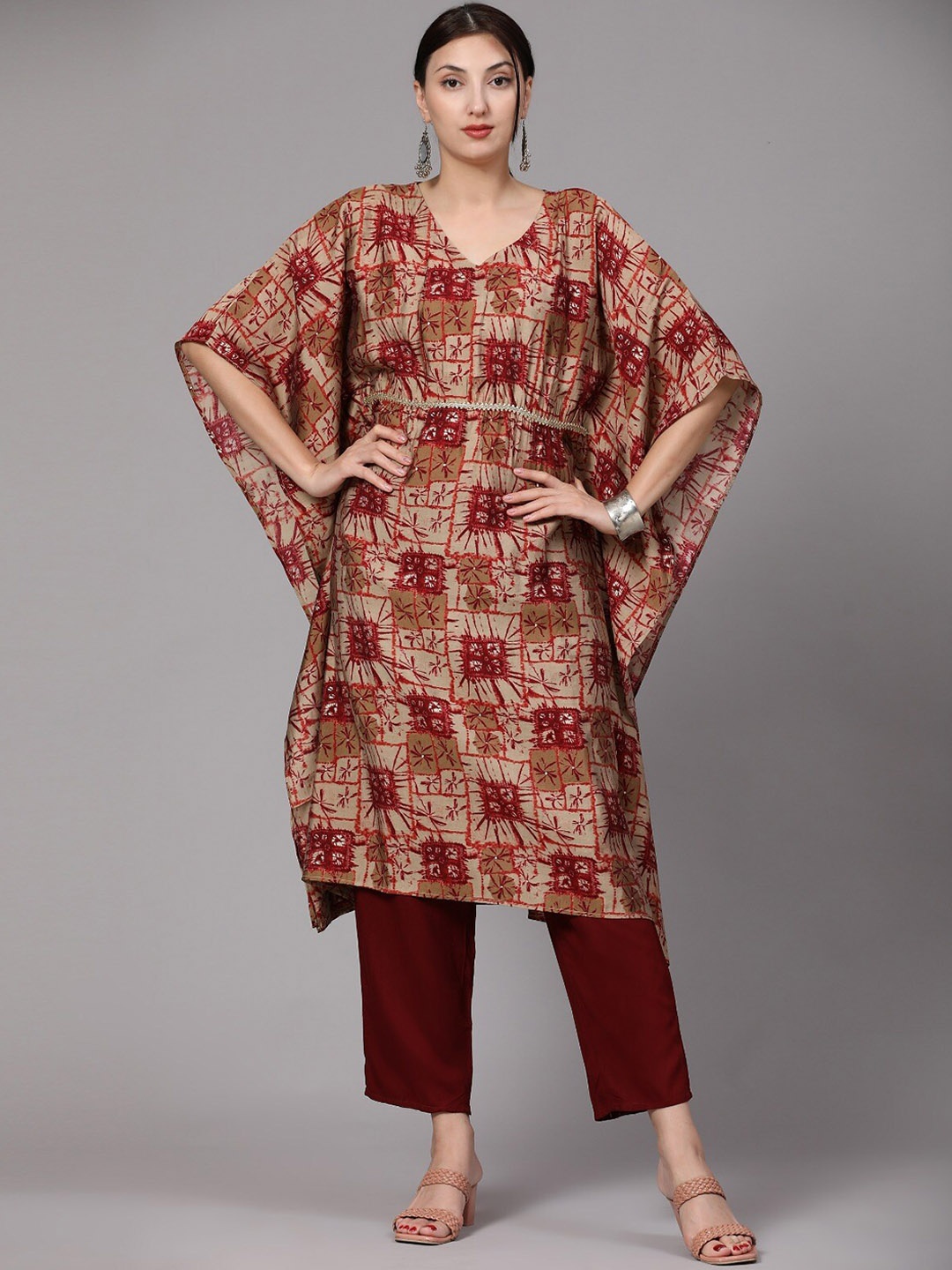 

V TRADITION Ethnic Motifs Printed Regular Kurta with Trousers, Beige