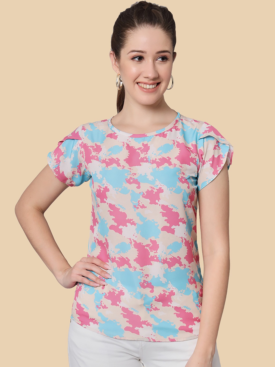 

Dream Beauty Fashion Abstrect Printed Round Neck Crepe Top, Cream