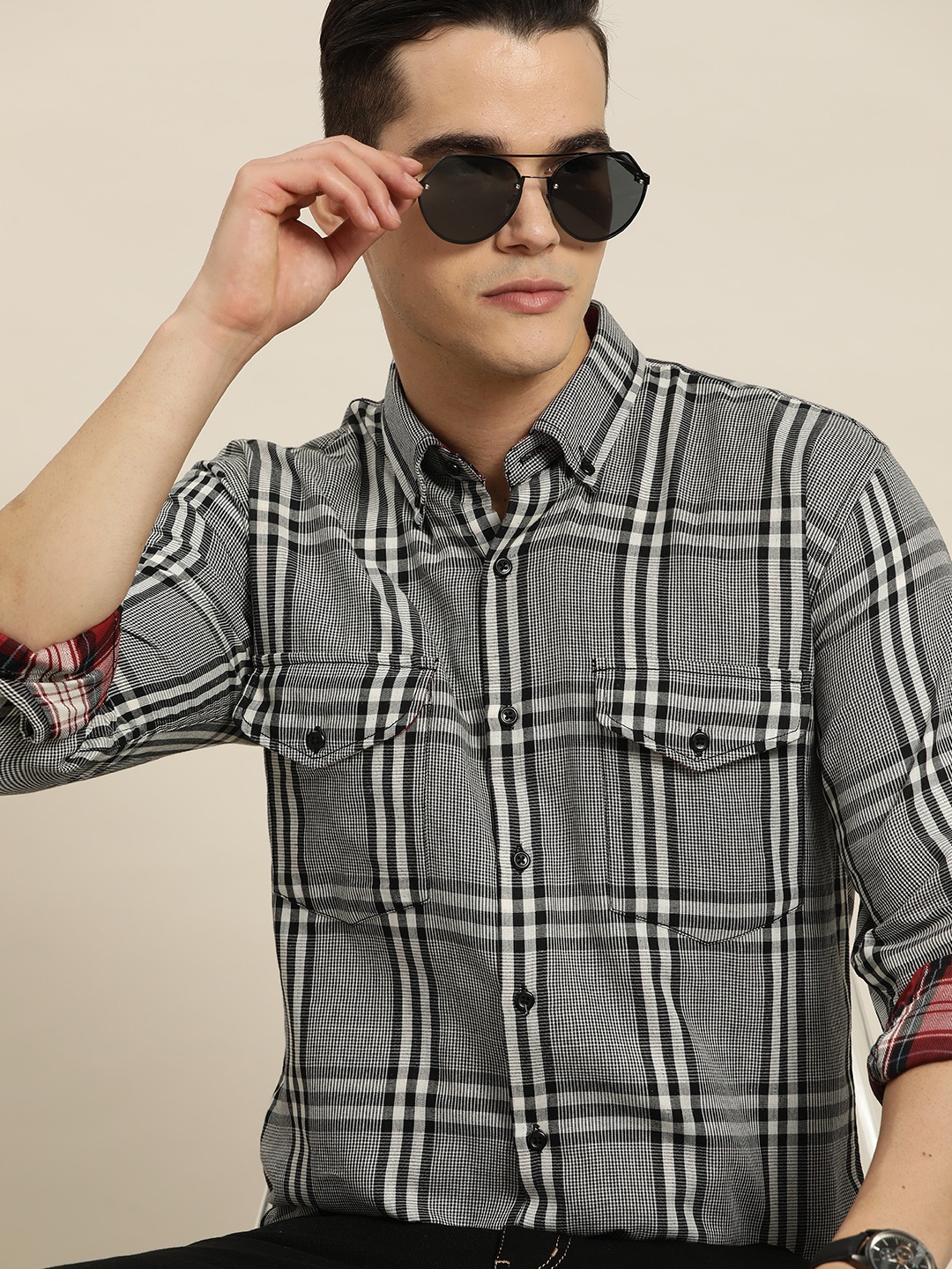 

Hancock Premium Tartan Checked Pure Cotton Monochrome Slim Fit Casual Shirt, Black