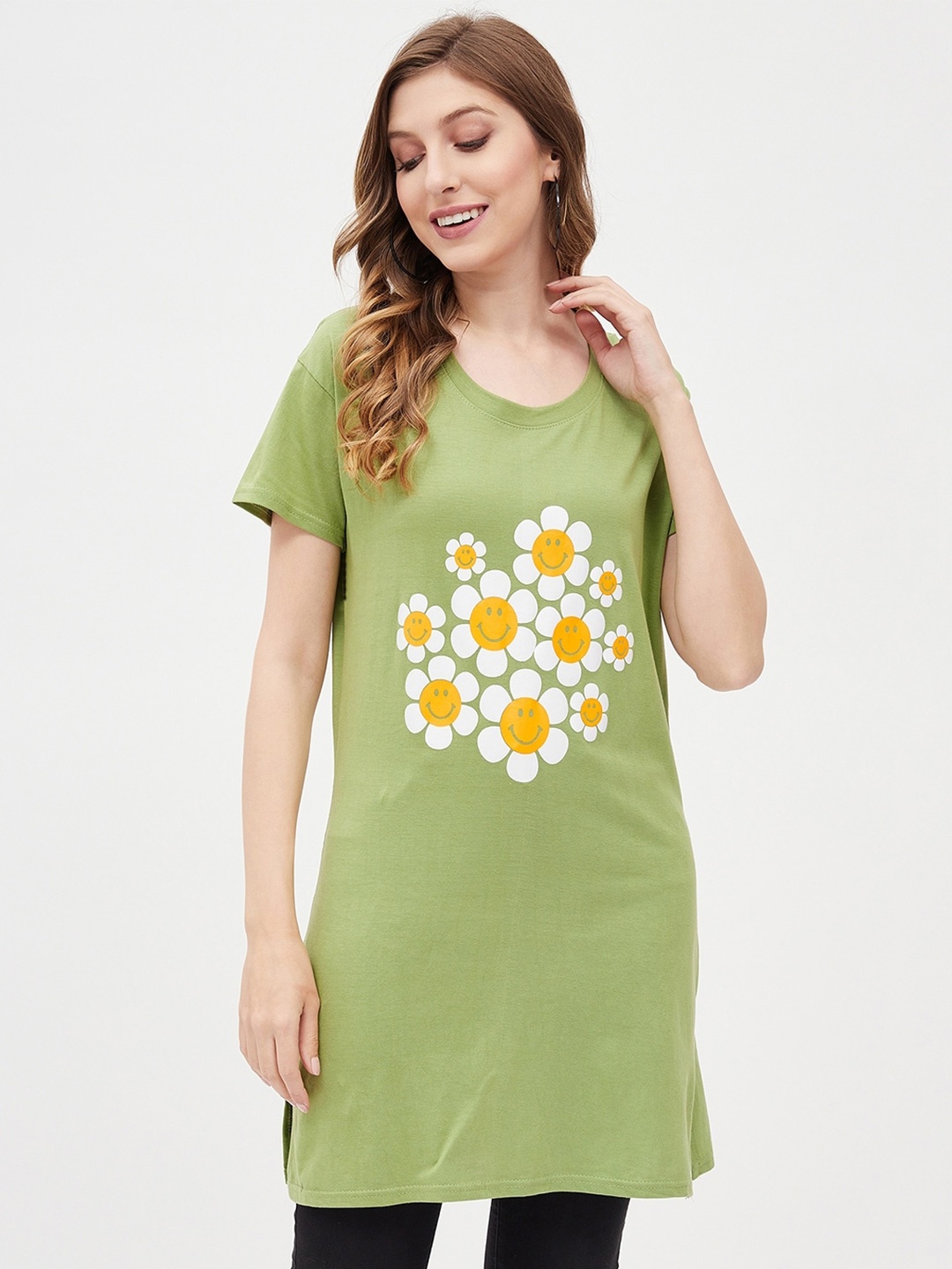 

Christy World Floral Printed Drop Shoulder Longline Cotton T-shirt, Green