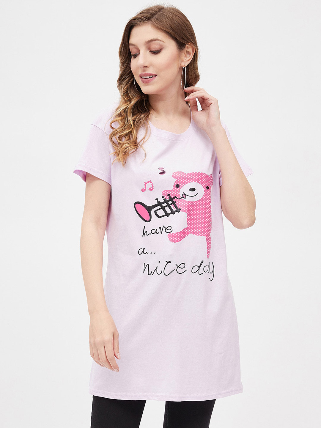 

Christy World Graphic Printed Drop Shoulder Longline Cotton T-shirt, Pink