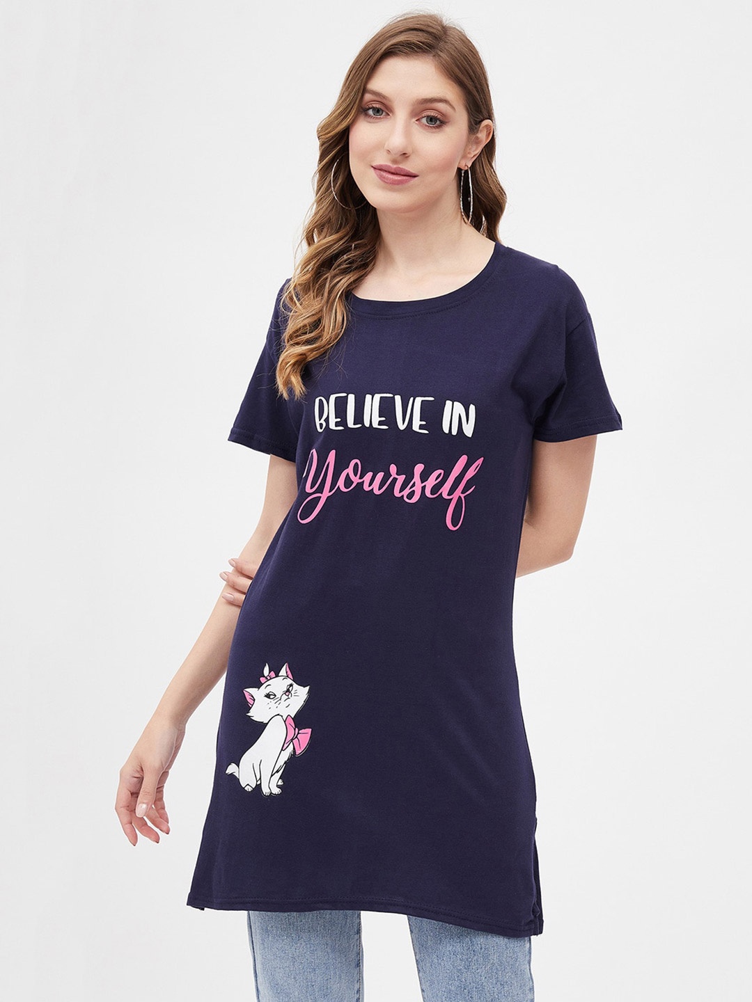 

Christy World Typography Printed Drop Shoulder Longline Cotton T-shirt, Navy blue