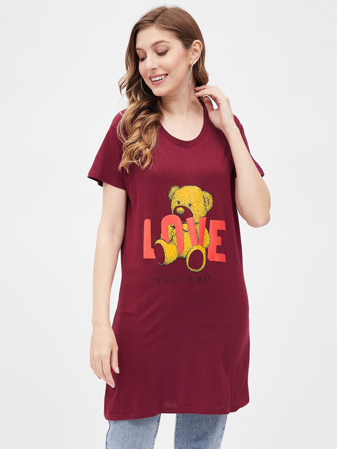 

Christy World Graphic Printed Longline Cotton T-shirt, Maroon