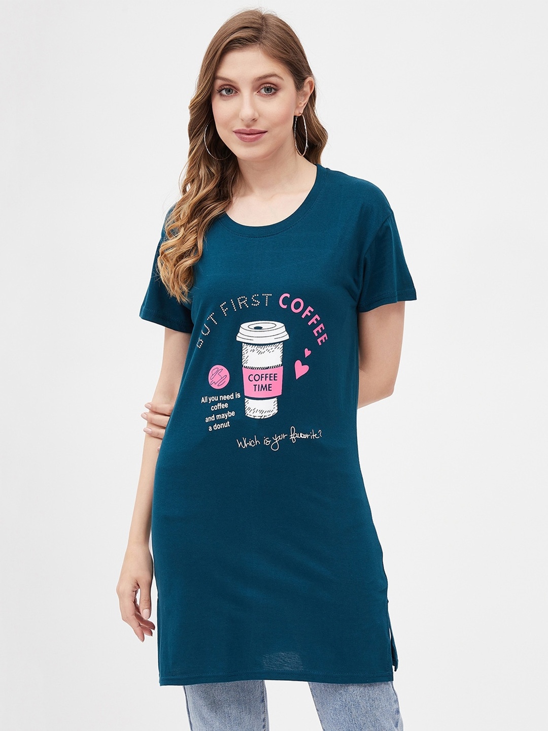 

Christy World Graphic Printed Drop Shoulder Longline Cotton T-shirt, Teal