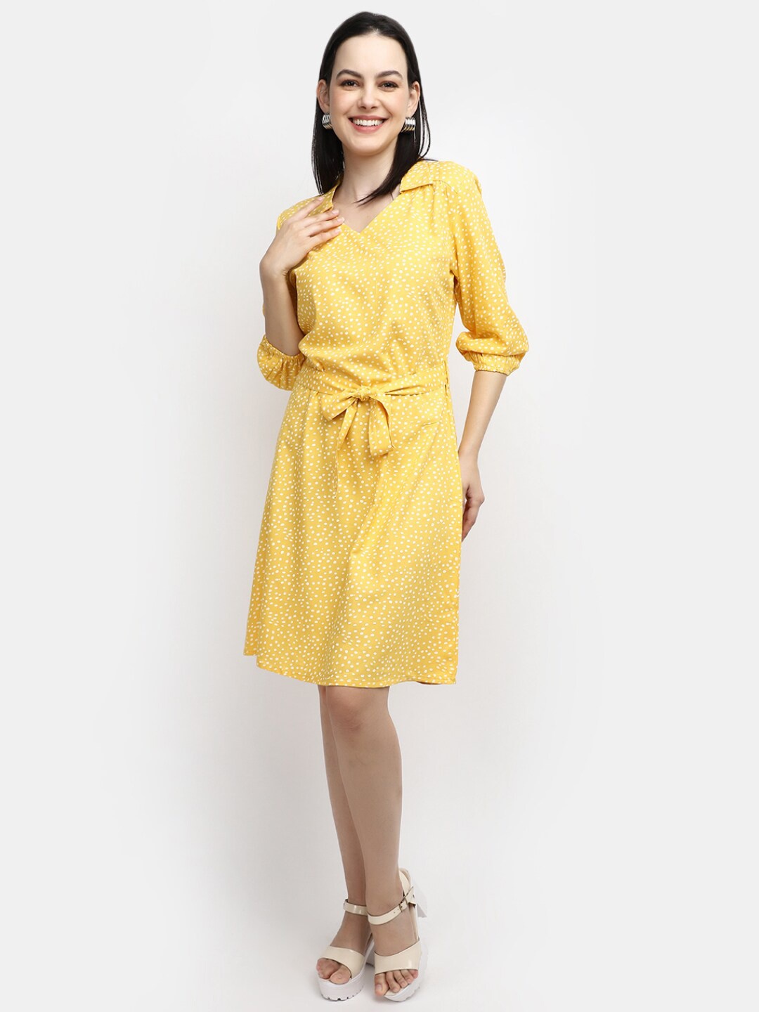 

V-Mart Abstract Printed Puff Sleeves A-Line Dress With Belt, Mustard