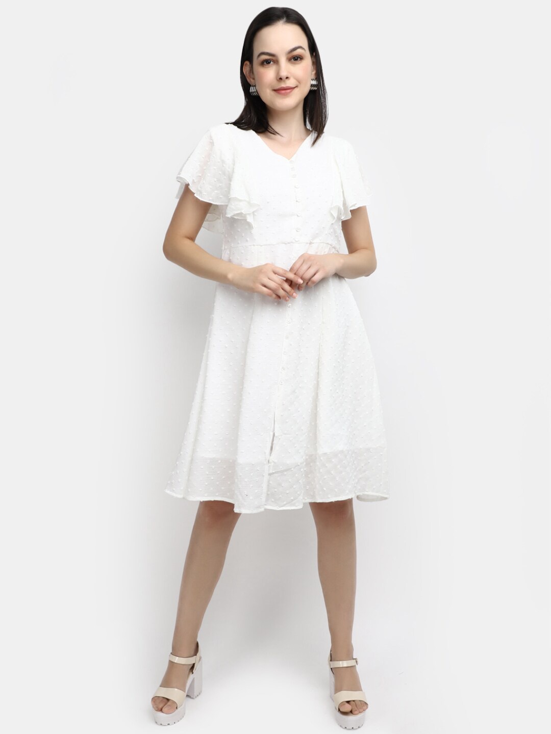 

V-Mart Self Design Flutter Sleeves Cotton Fit & Flare Dress, Off white