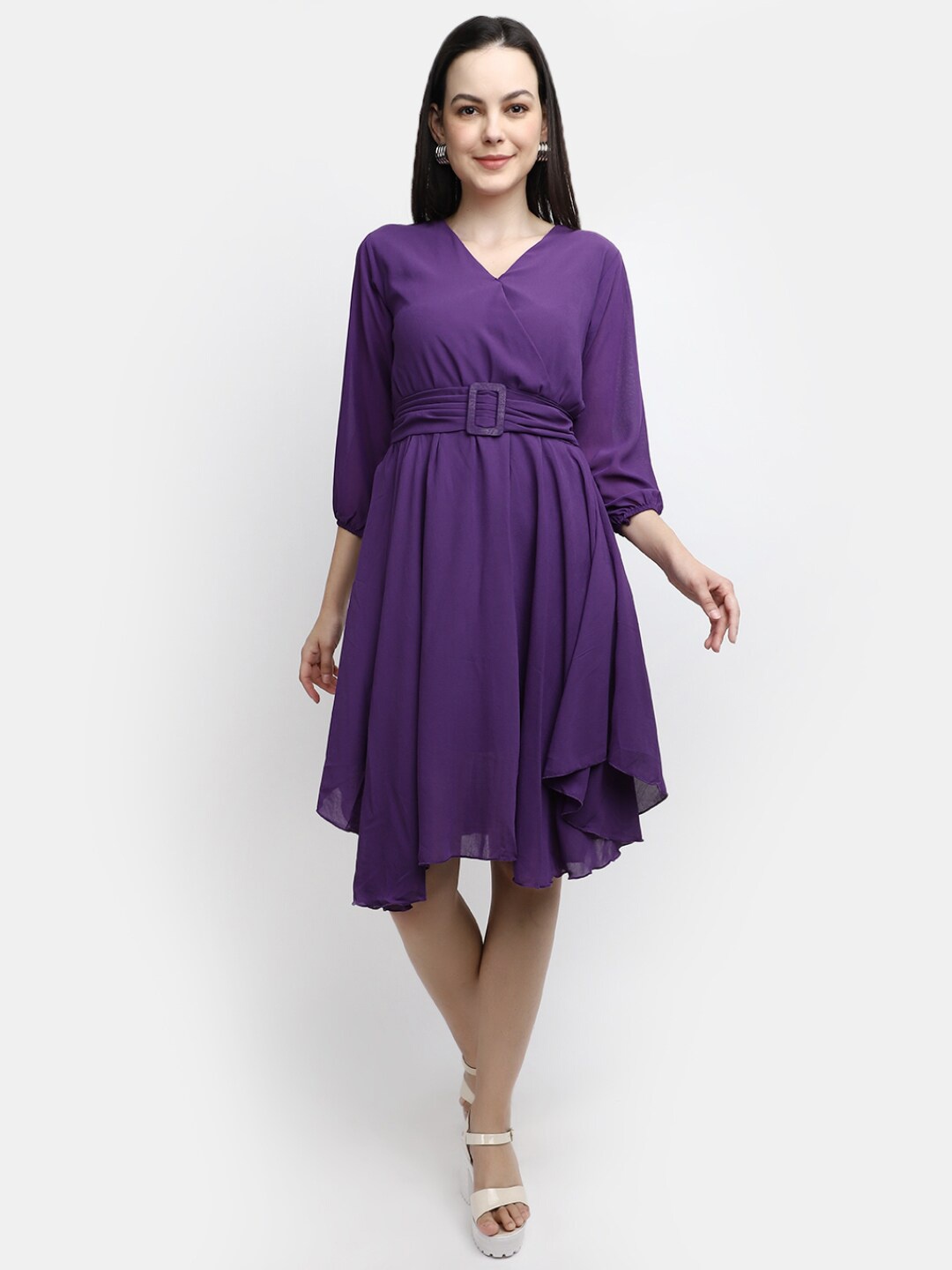 

V-Mart V-Neck Belted Cotton Fit & Flare Midi Dress, Purple