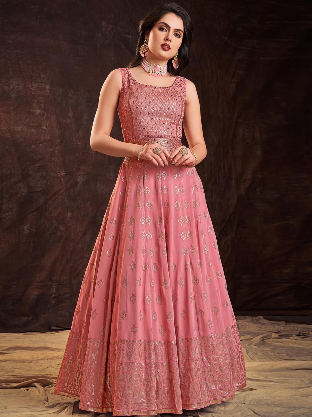 

Fusionic Embellished Sequinned Maxi Gown Georgette Ethnic Dresses With Dupatta, Pink