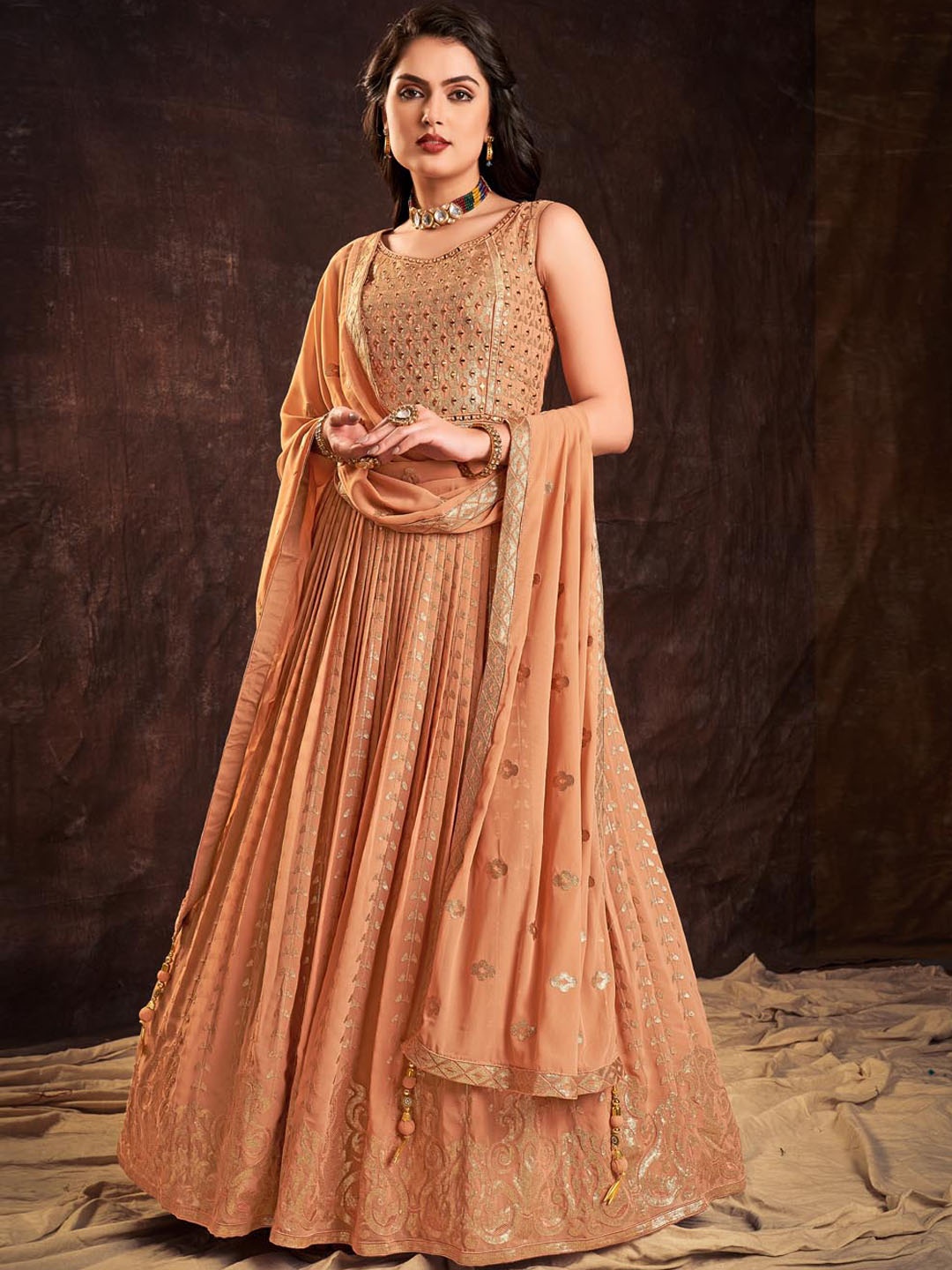 

Fusionic Embellished Sequinned Maxi Gown Georgette Ethnic Dresses With Dupatta, Orange