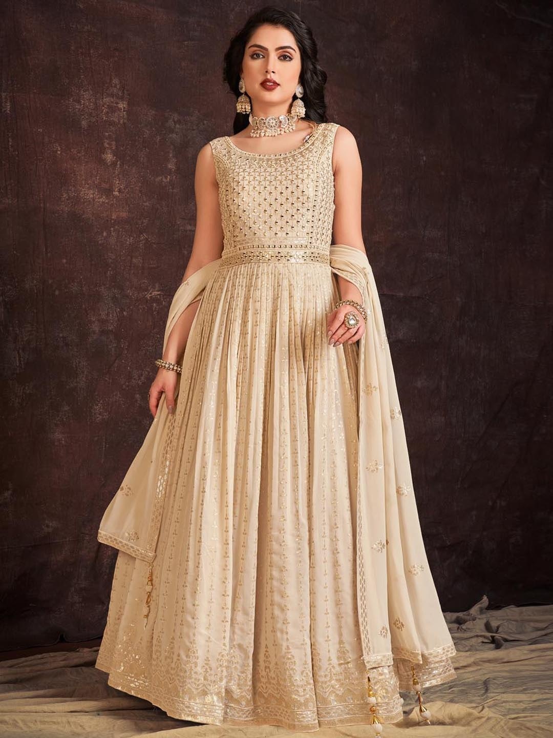 

Fusionic Embellished Sequinned Maxi Gown Georgette Ethnic Dresses With Dupatta, Cream