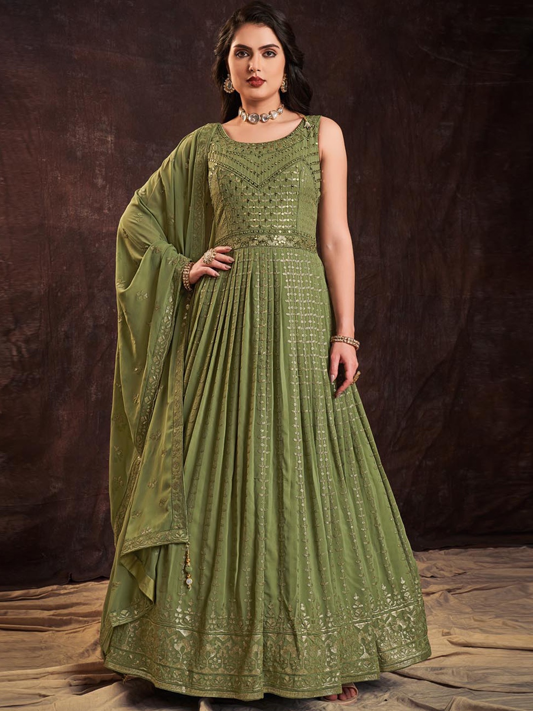 

Fusionic Embellished Sequinned Gown With Dupatta Ethnic Dresses, Green