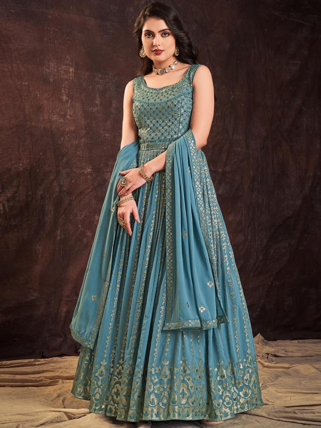 

Fusionic Embellished Sequinned Gown Maxi Dress With Dupatta, Blue
