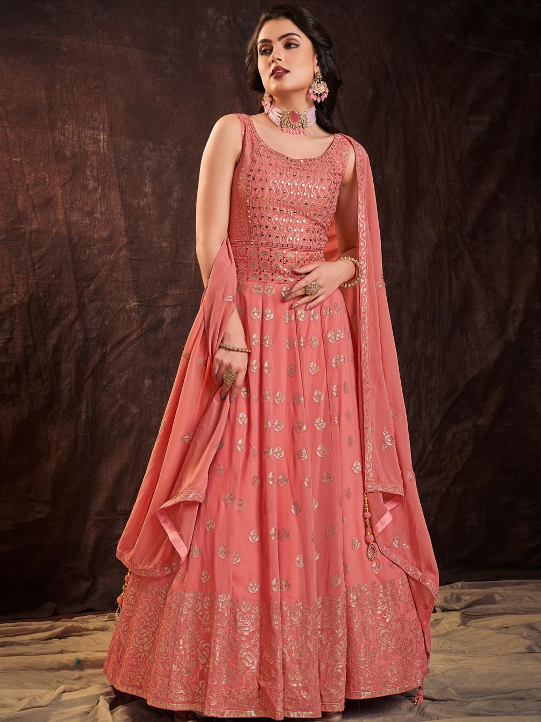 

Fusionic Embellished Sequinned Gown Maxi Dress With Dupatta, Coral