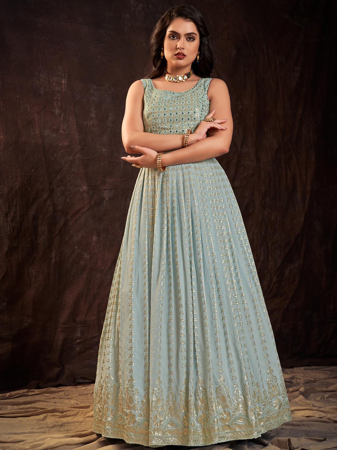 

Fusionic Embellished Sequinned Gown Maxi Dress With Dupatta, Blue