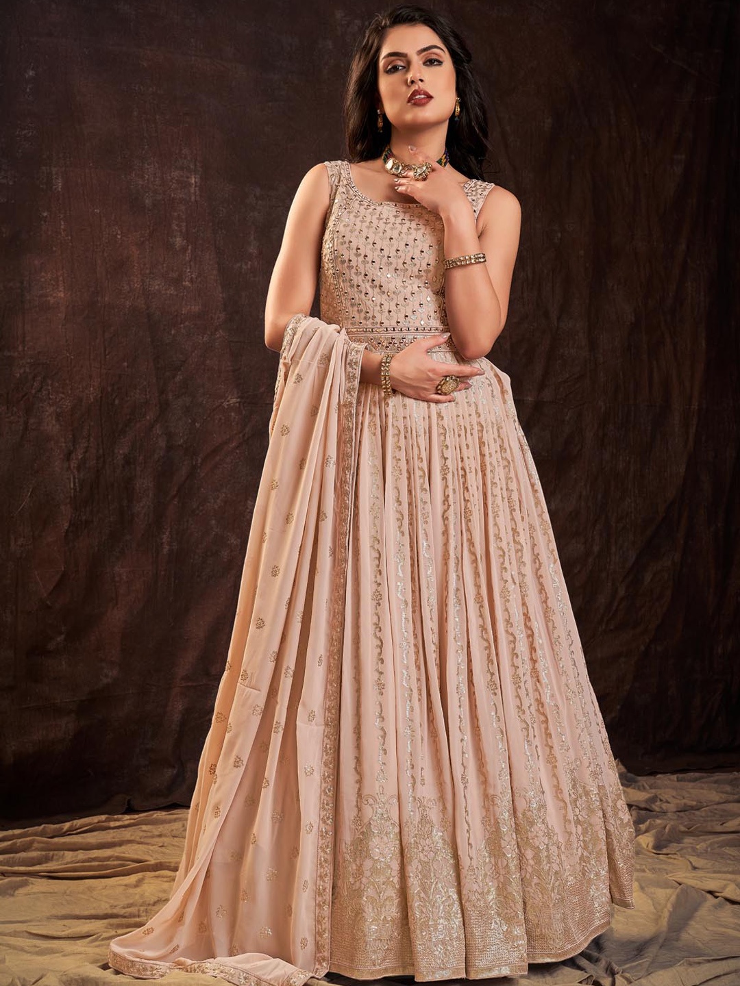 

Fusionic Embellished Sequinned Gown Maxi Dress With Dupatta, Peach