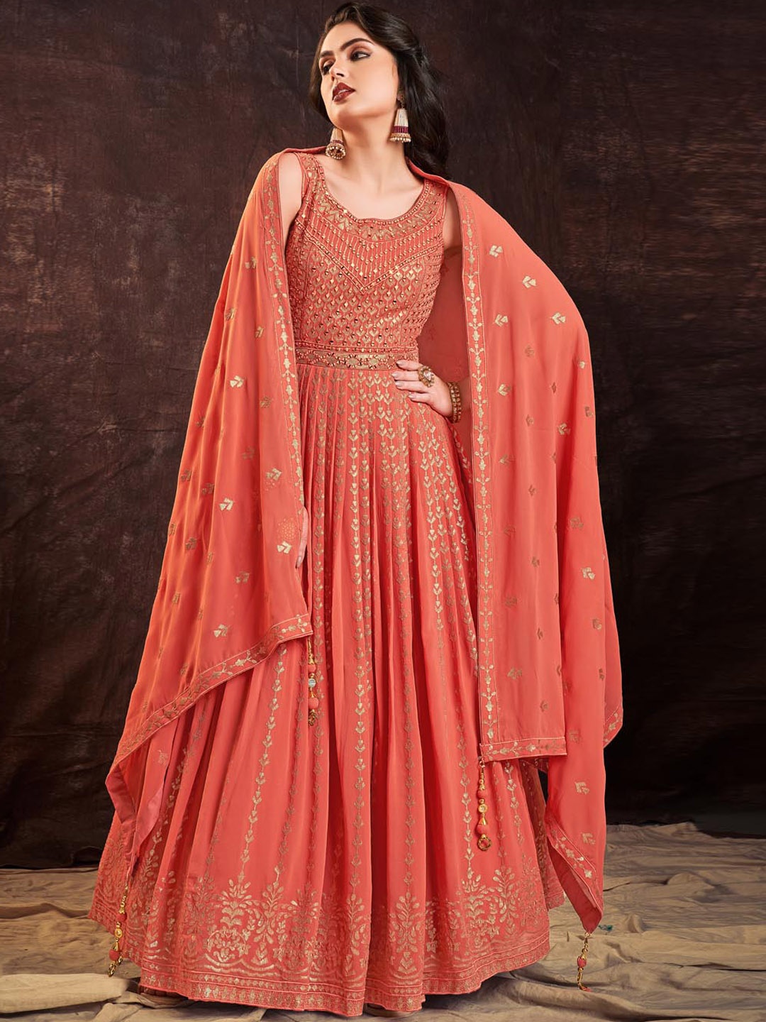

Fusionic Embellished Sequinned Gown Maxi Dress With Dupatta, Orange