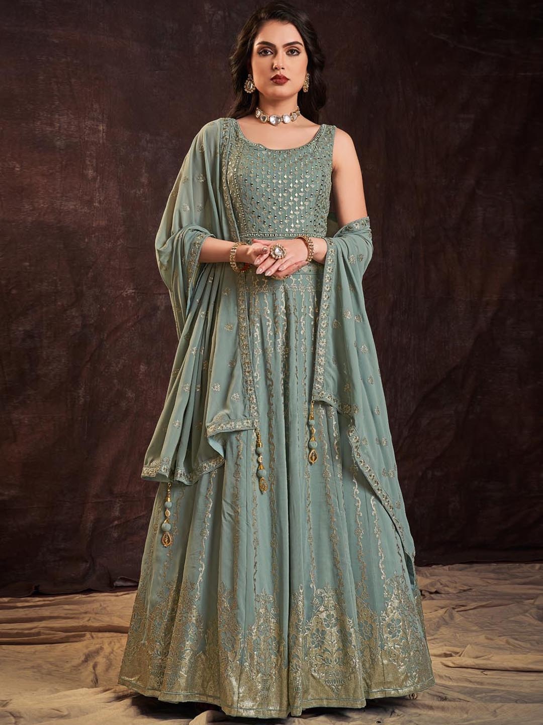 

Fusionic Embellished Sequinned Gown Maxi Dress With Dupatta, Olive