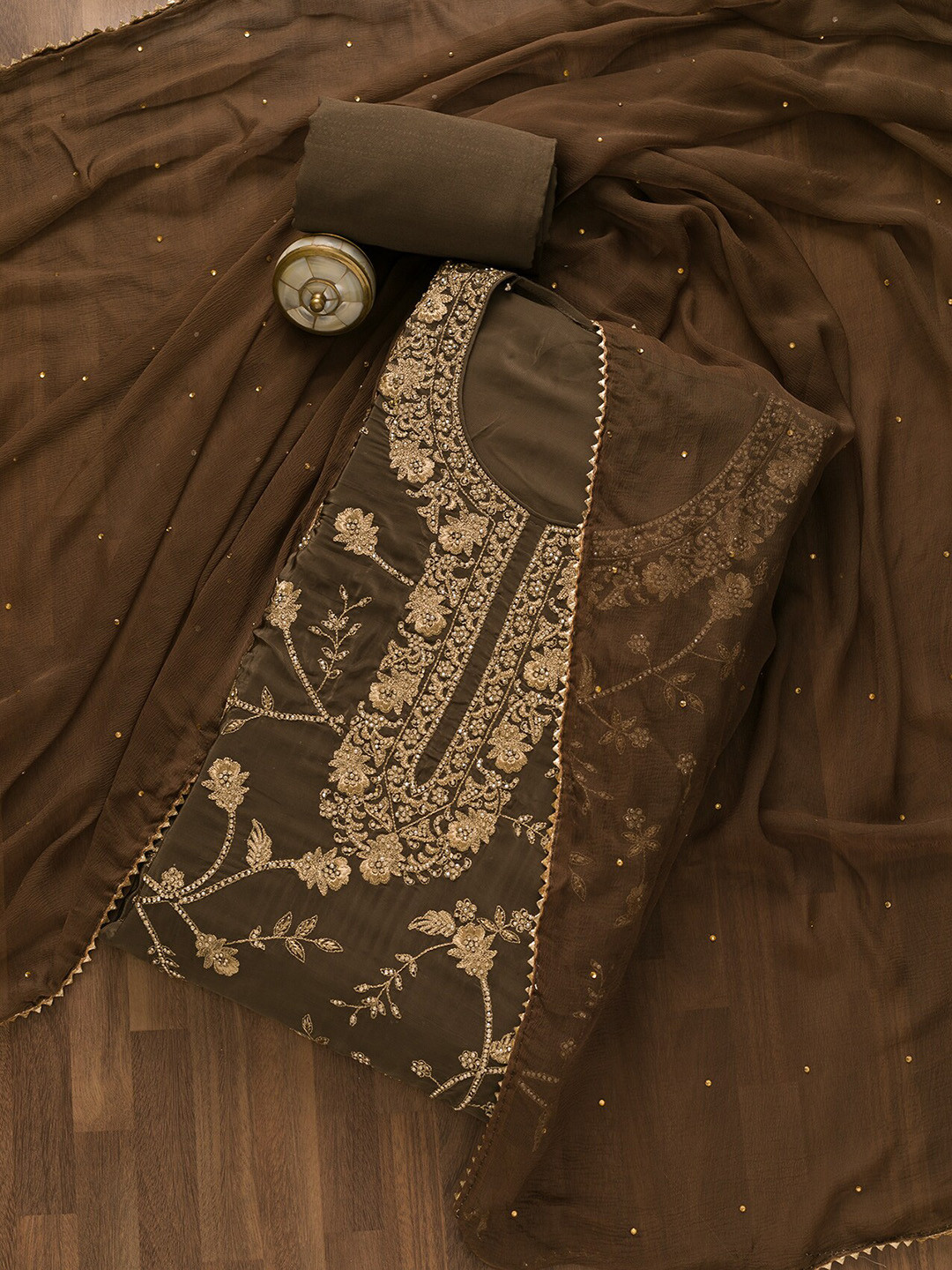 

Koskii Floral Beads And Stones Embroidered Unstitched Dress Material, Brown