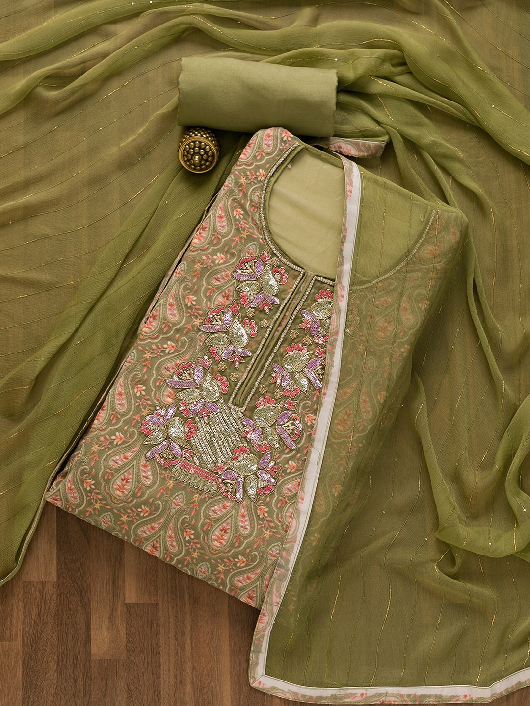

Koskii Floral Embroidered Unstitched Dress Material, Green