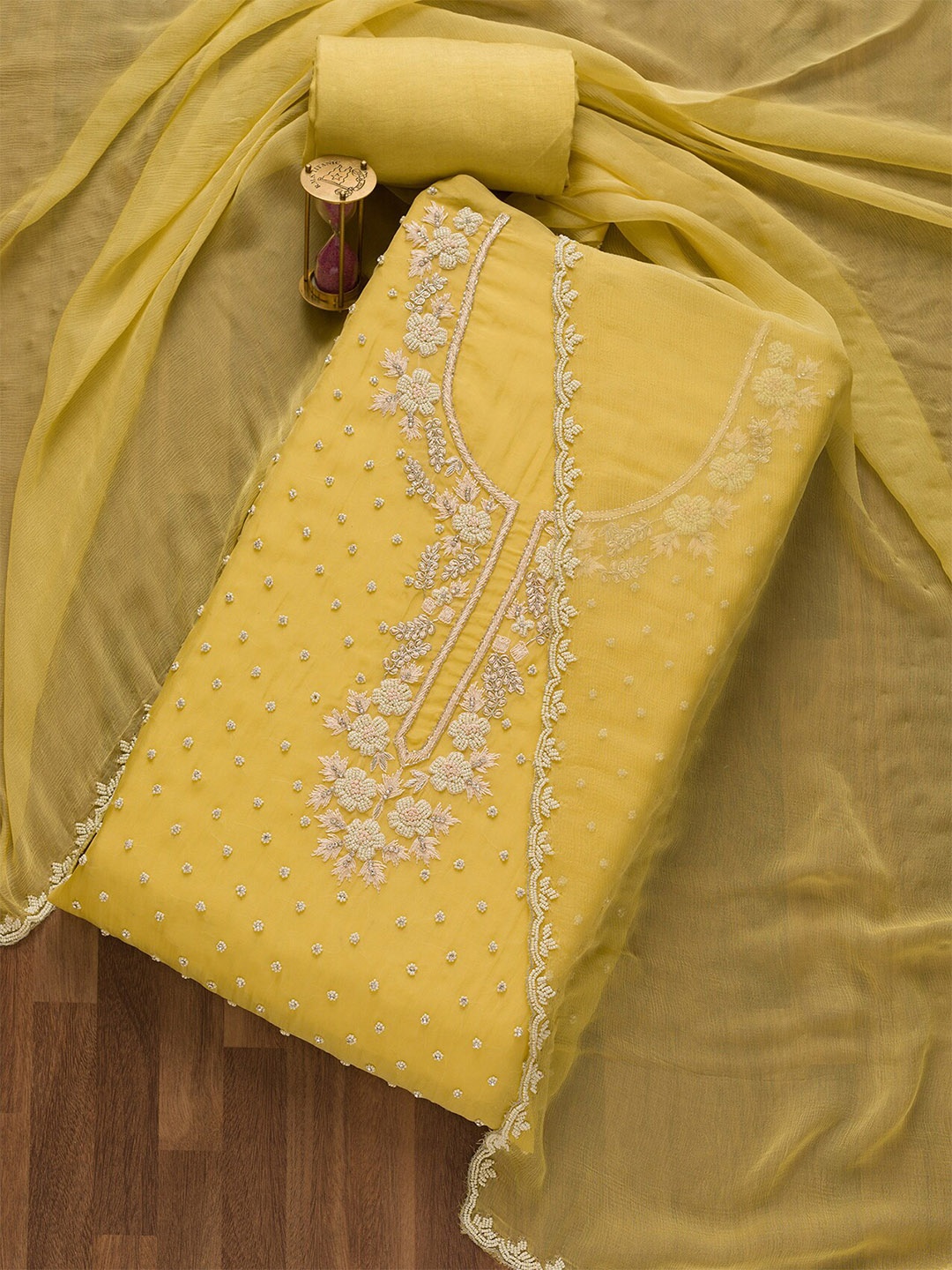 

Koskii Polka Dots Beads And Stones Embroidered Semi-Stitched Dress Material, Yellow