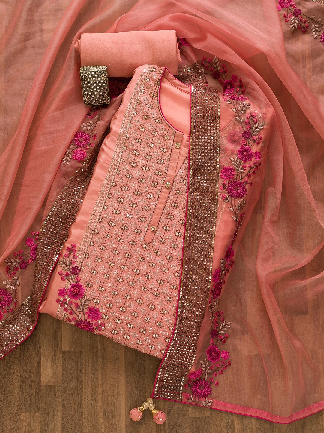 

Koskii Embellished Semi-Stitched Dress Material, Pink