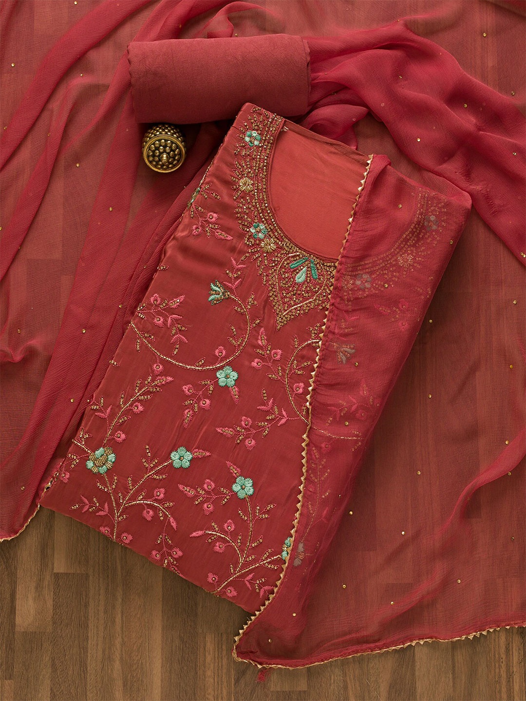 

Koskii Floral Beads And Stones Embroidered Unstitched Dress Material, Maroon
