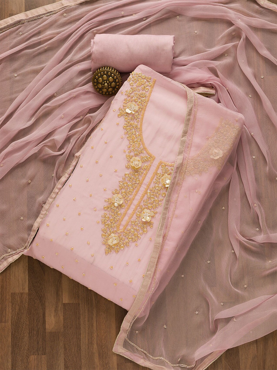 

Koskii Beads And Stones Embroidered Organza Unstitched Dress Material, Pink