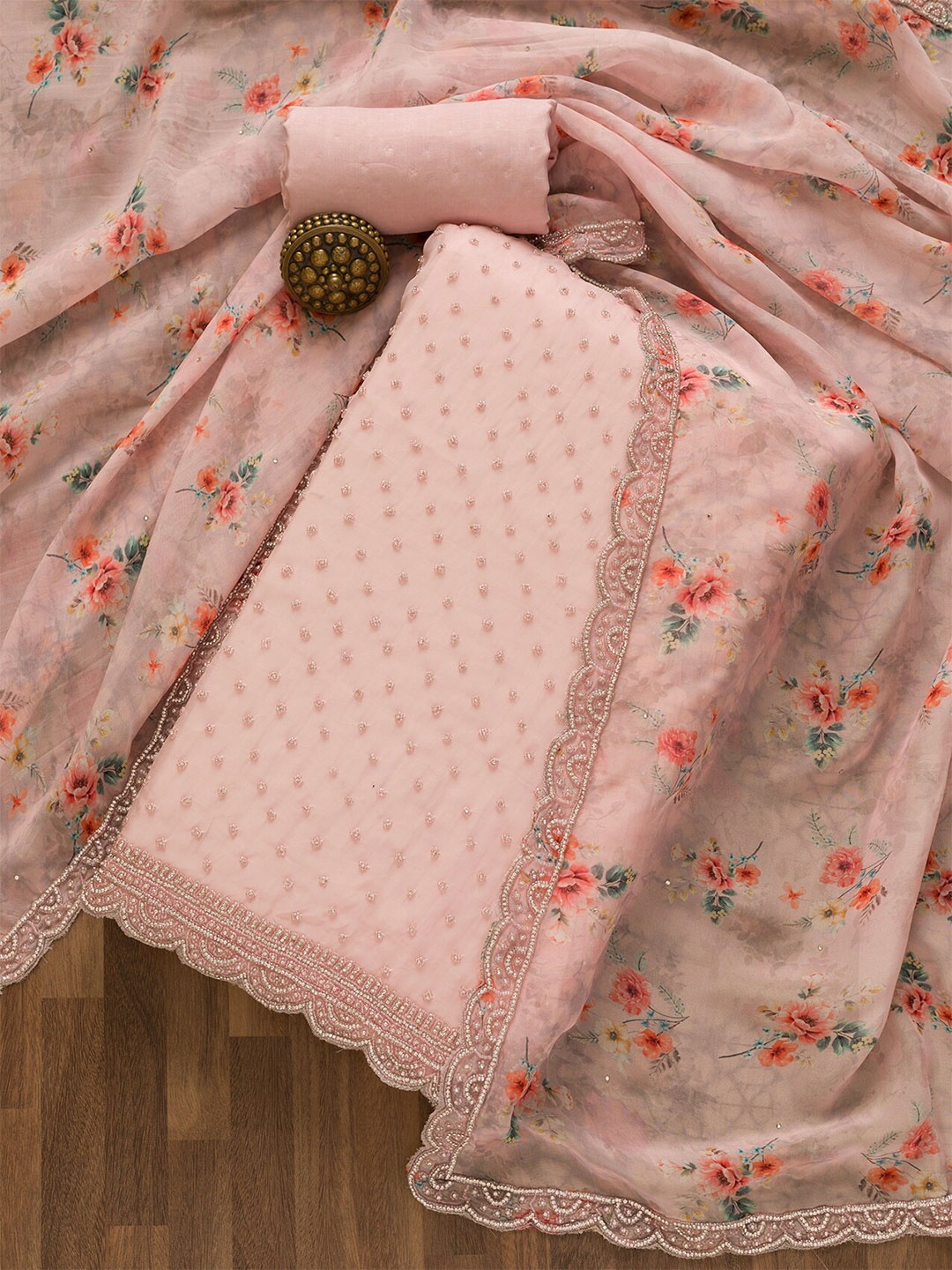 

Koskii Embroidered Organza Unstitched Dress Material, Pink
