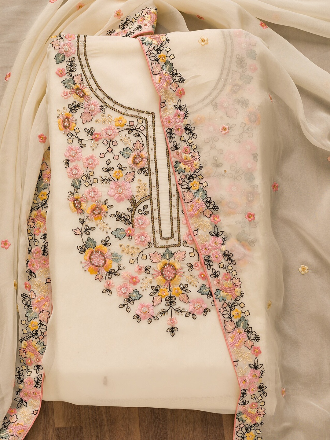 

Koskii Floral Beads And Stones Embroidered Semi-Stitched Dress Material, Cream