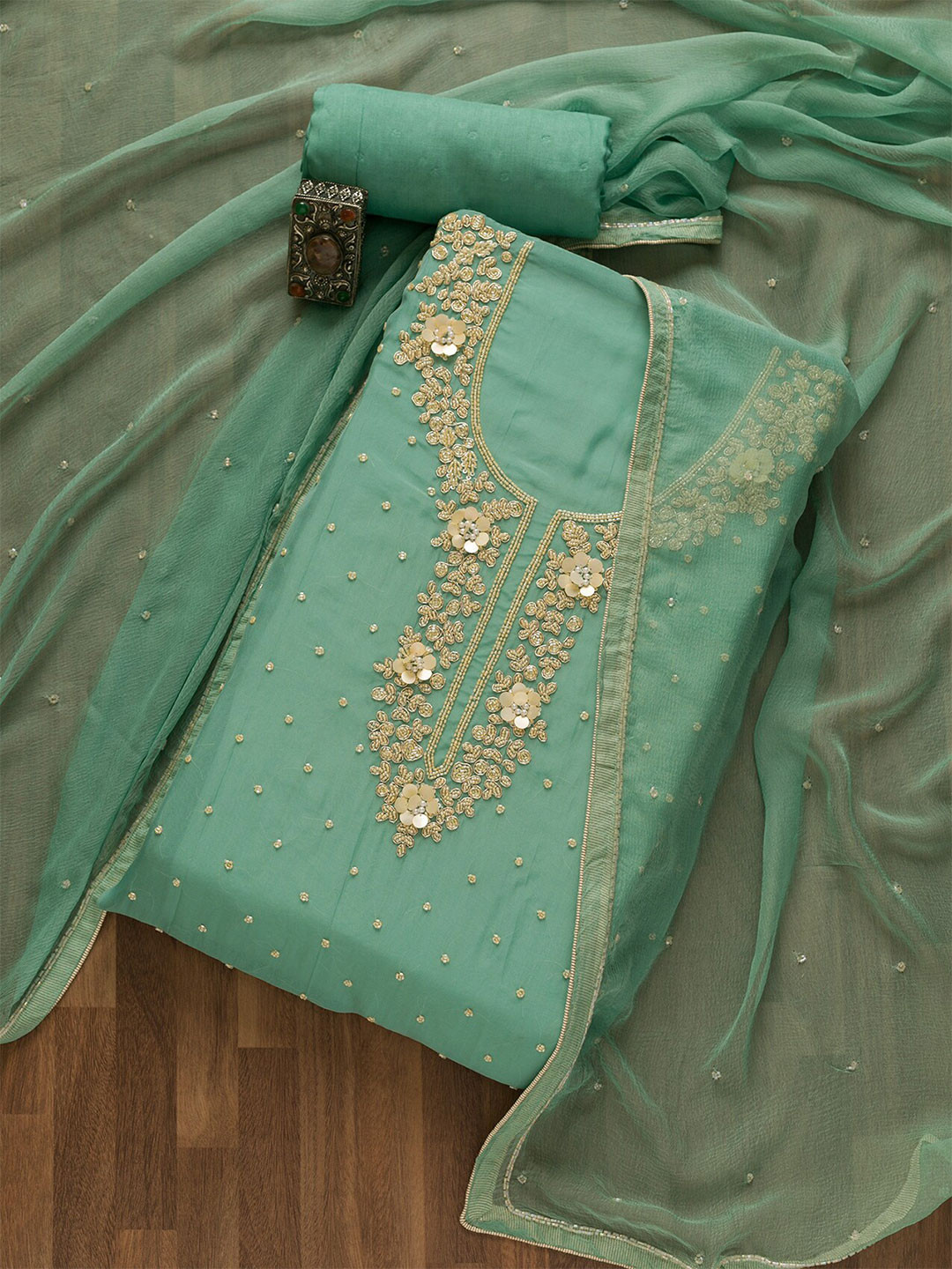 

Koskii Polka Dots Sequinned Embroidered Semi-Stitched Dress Material, Green