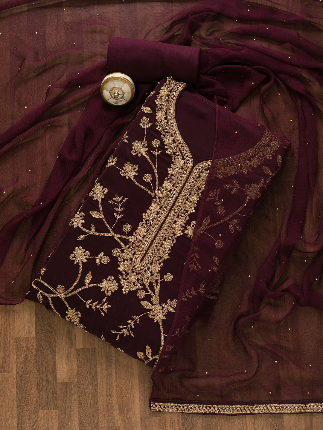 

Koskii Embroidered Semi-Stitched Dress Material, Maroon