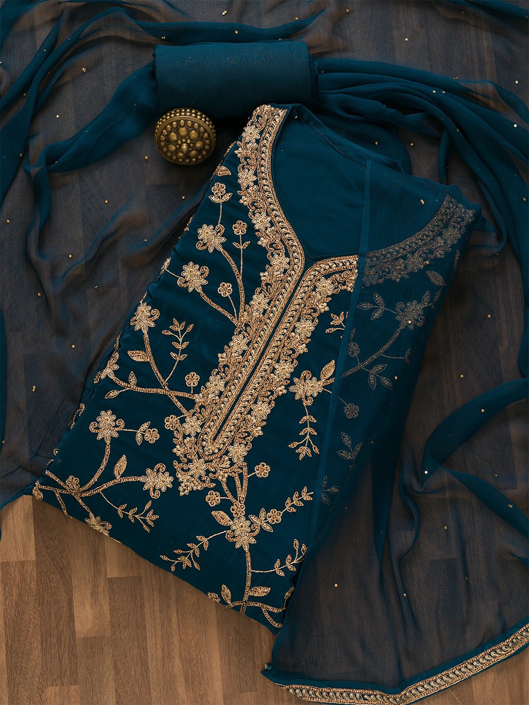

Koskii Floral Beads And Stones Embroidered Semi-Stitched Dress Material, Navy blue