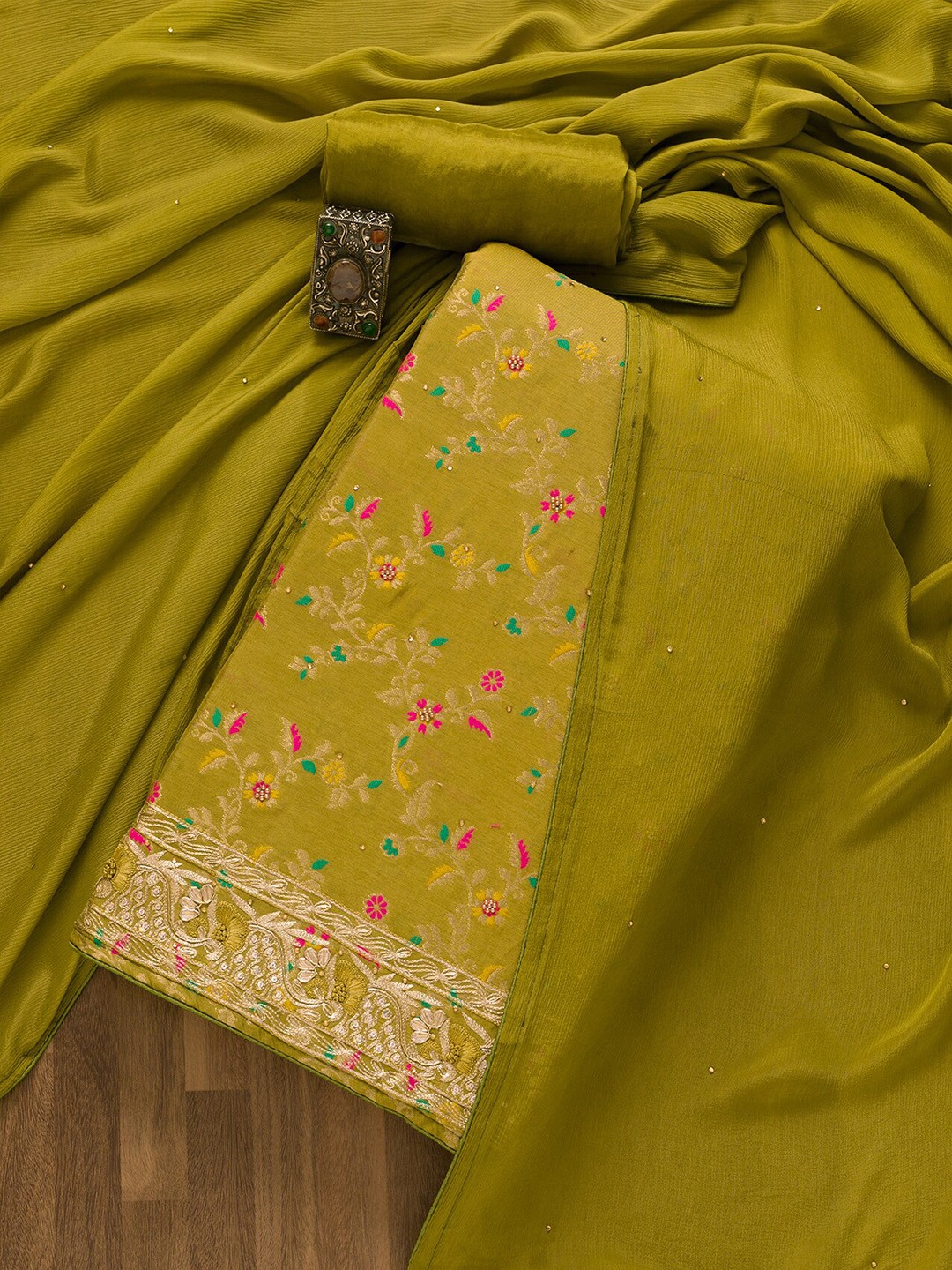 

Koskii Floral Printed Art Silk Unstitched Dress Material, Green