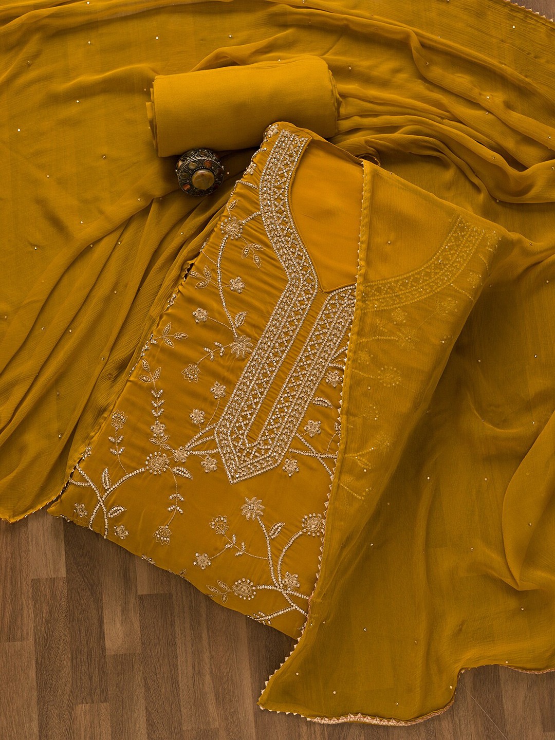 

Koskii Embroidered Organza Unstitched Dress Material, Mustard