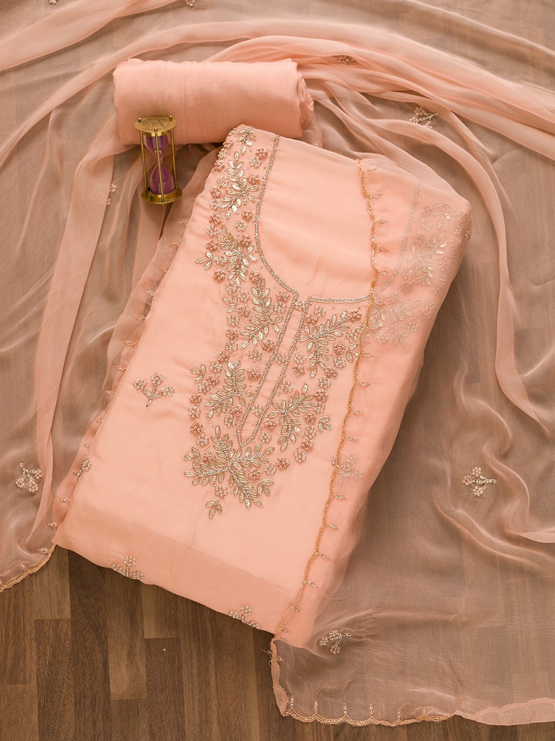 

Koskii Floral Beads And Stones Embroidered Semi-Stitched Dress Material, Peach