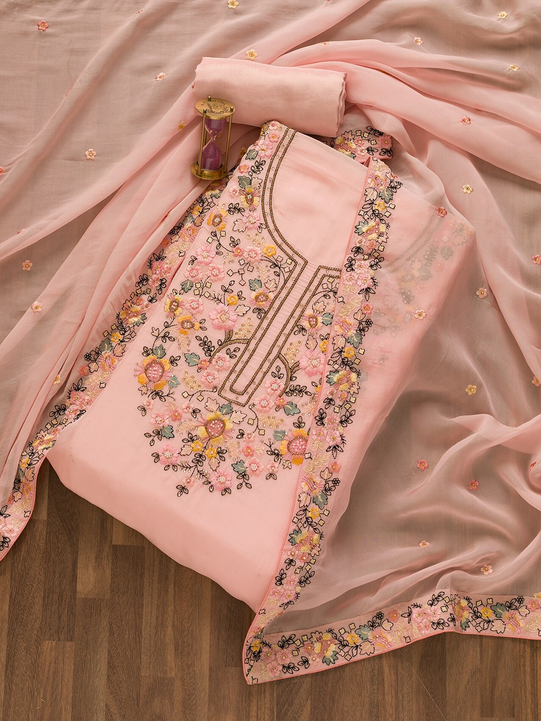

Koskii Floral Beads And Stones Embroidered Unstitched Dress Material, Pink