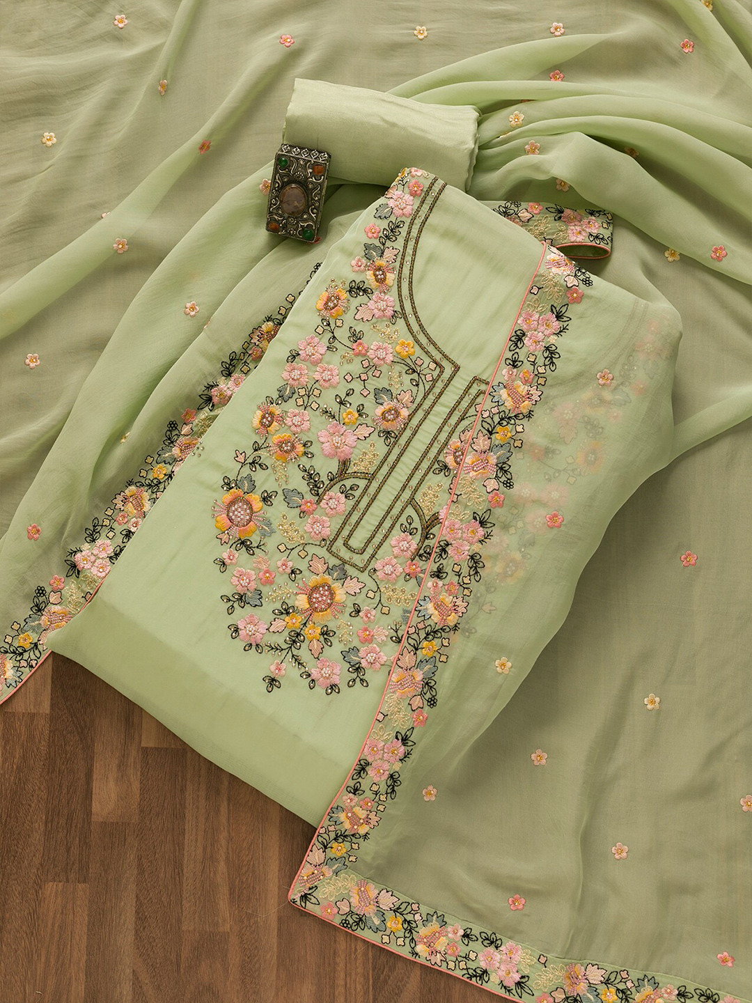 

Koskii Floral Embroidered Unstitched Dress Material, Green