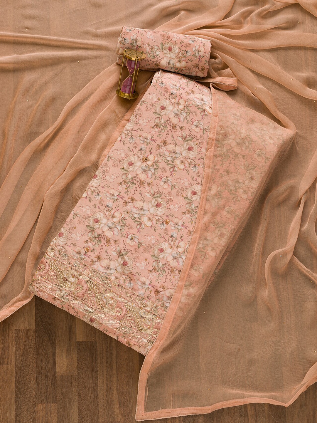 

Koskii Floral Printed Unstitched Dress Material, Peach