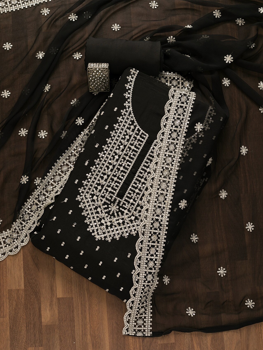

Koskii Embellished Unstitched Dress Material, Black