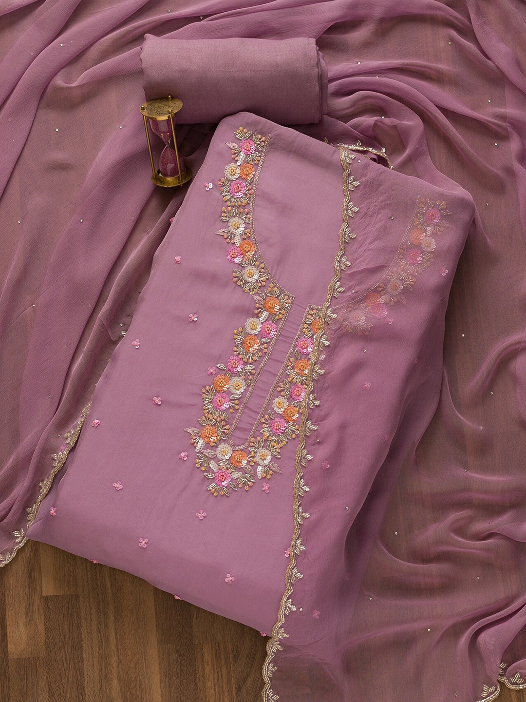 

Koskii Floral Sequinned Embroidered Unstitched Dress Material, Lavender