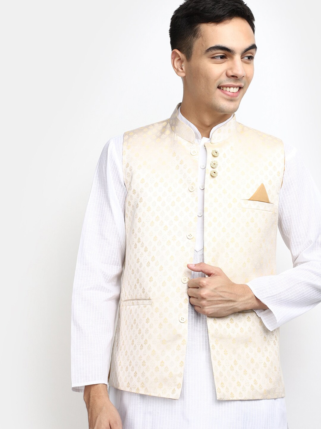 

V-Mart Mandarin Collar Striped Pure Cotton Kurta with Churidar & Nehru Jacket, White