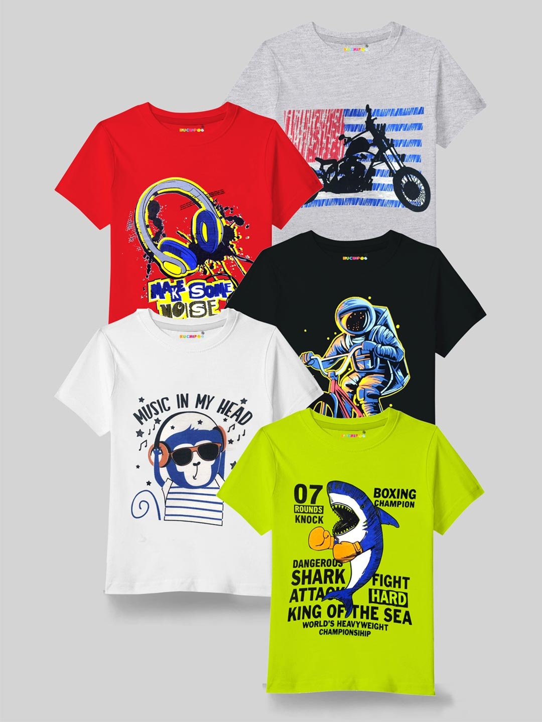 

KUCHIPOO Boys Pack of 5 Printed Cotton T-shirt, Grey melange