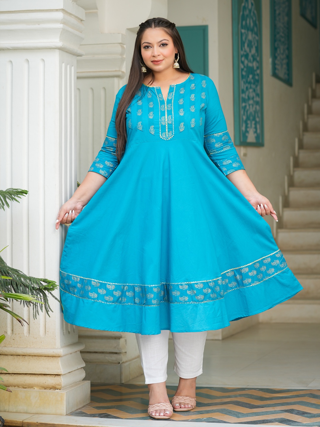 

YASH GALLERY Paisley Printed Gotta Patti Anarkali Cotton Kurta, Teal