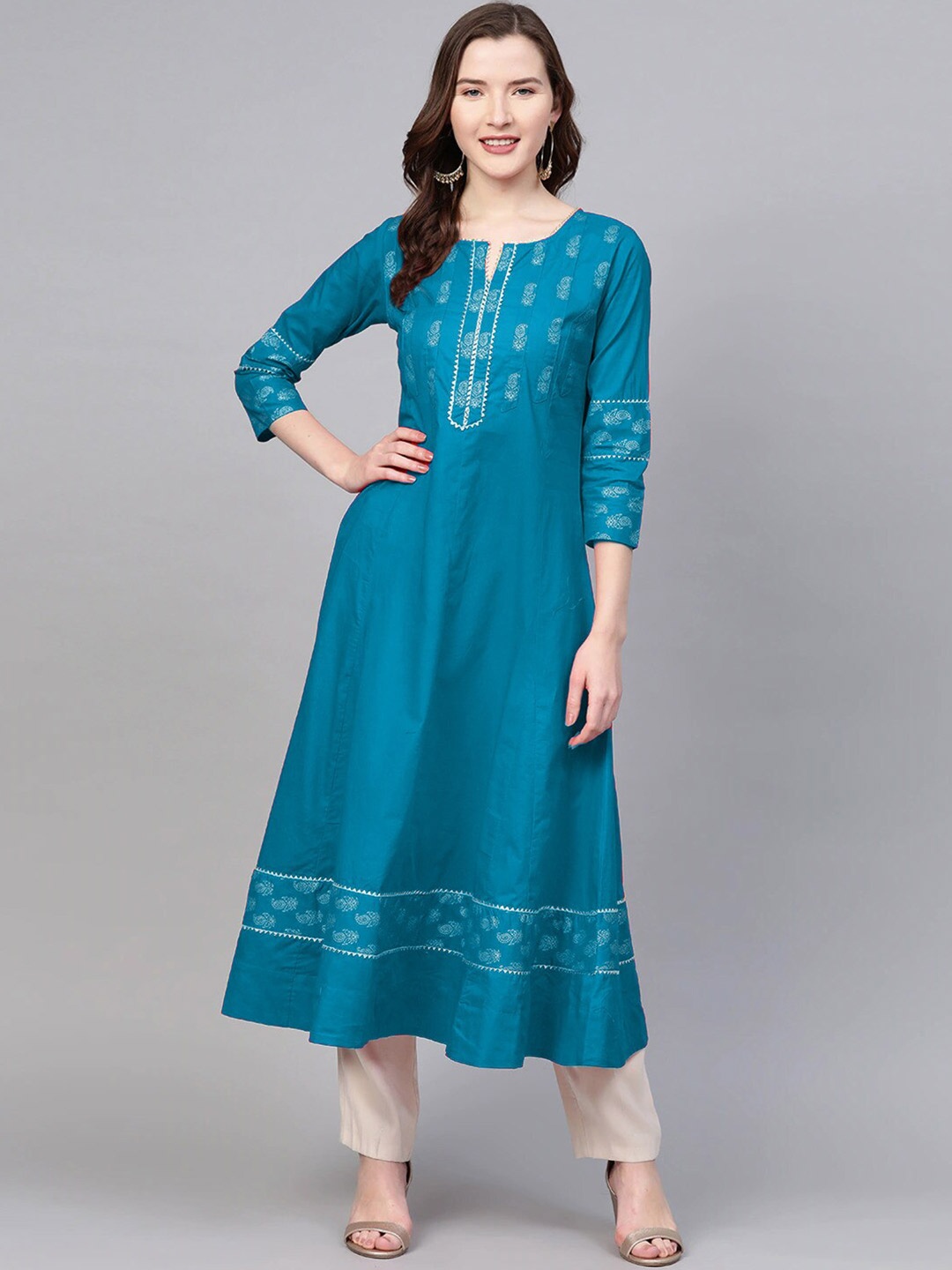 

YASH GALLERY Paisley Printed Gotta Patti Anarkali Cotton Kurta, Teal