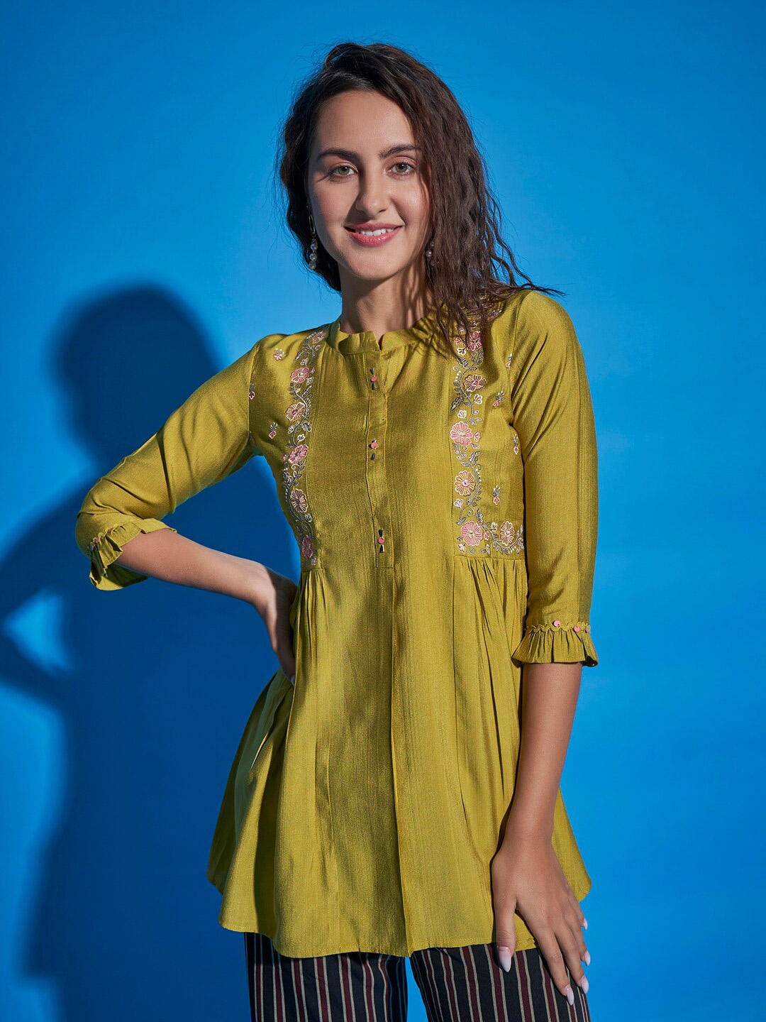 

Sangria Floral Embroidered Mandarin Collar Top, Olive