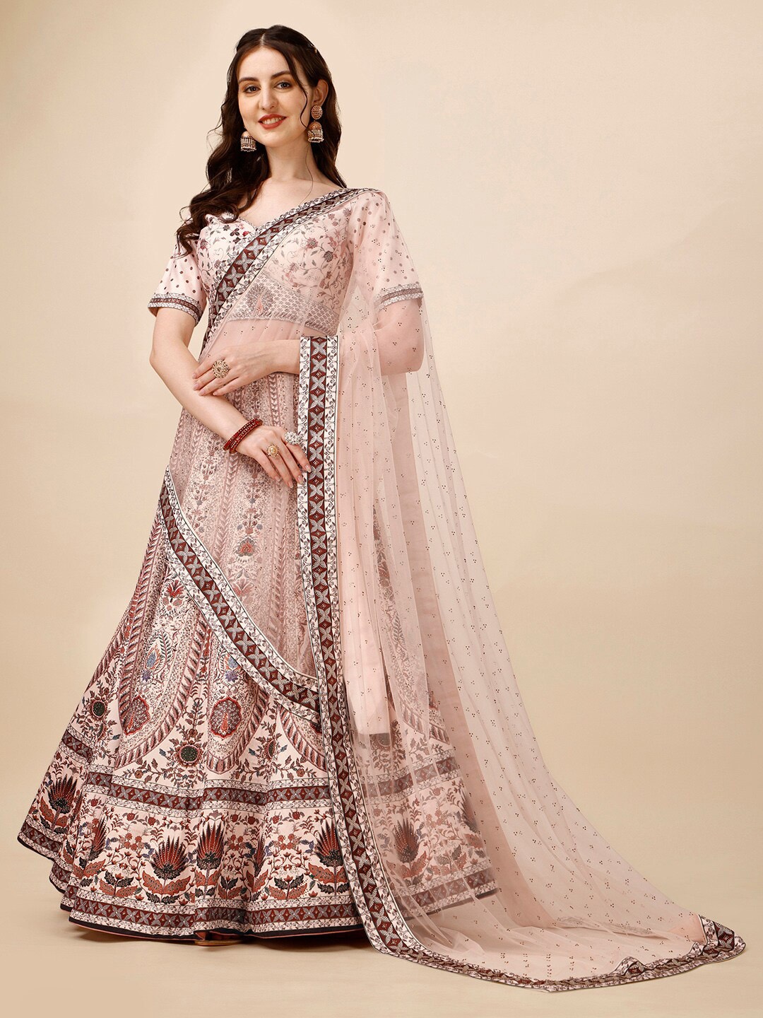 

SAPTRANGI Embroidered Thread Work Ready to Wear Lehenga & Blouse With Dupatta, Peach